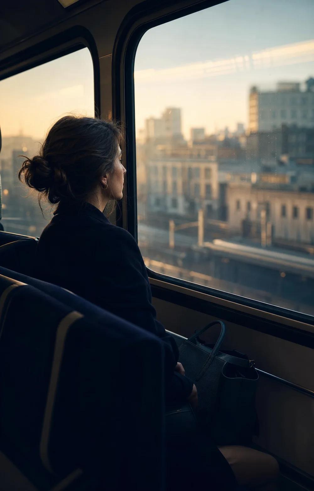 A woman looking through a train window during her morning commute