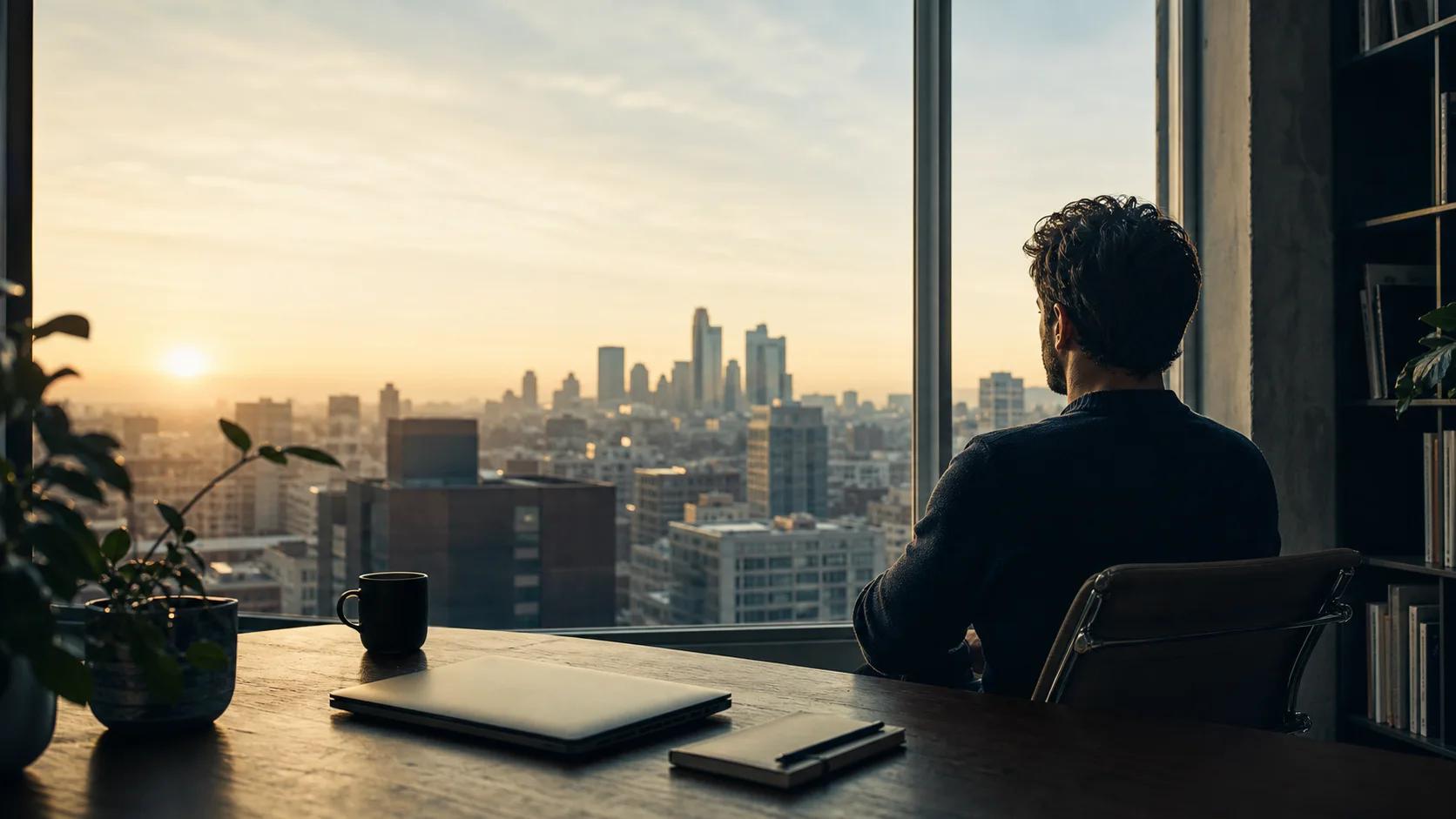 A person sitting quietly by a window as the sun rises over the city