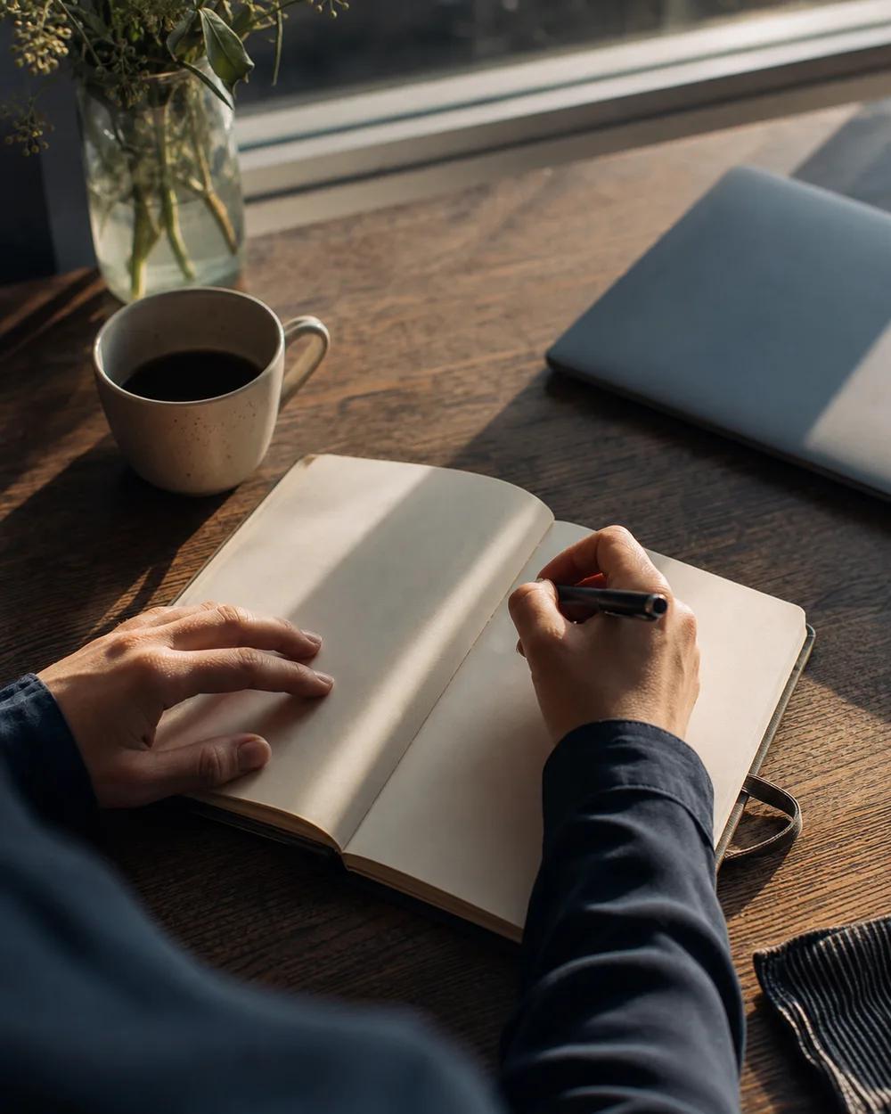 A person writing in a notebook beside a cup and closed laptop